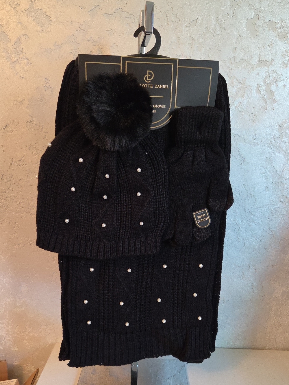 Black Women Knit Hat, Scarf & Mittens Set with Faux Fur Pom and Pearls